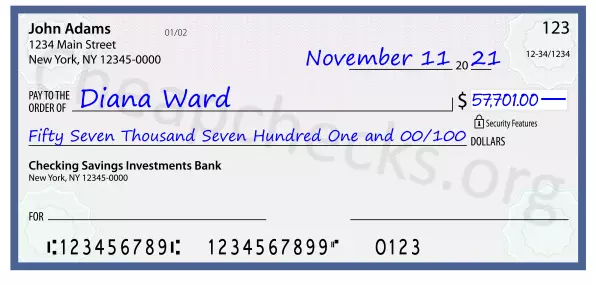 Fifty Seven Thousand Seven Hundred One and 00/100 filled out on a check