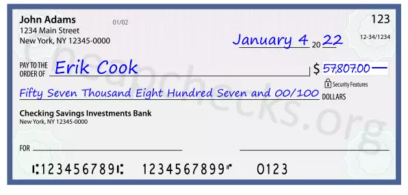 Fifty Seven Thousand Eight Hundred Seven and 00/100 filled out on a check