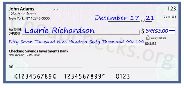 Fifty Seven Thousand Nine Hundred Sixty Three and 00/100 filled out on a check