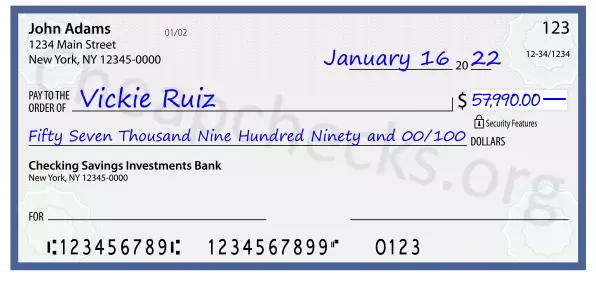 Fifty Seven Thousand Nine Hundred Ninety and 00/100 filled out on a check