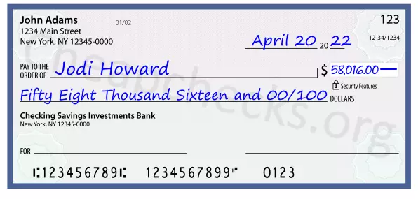 Fifty Eight Thousand Sixteen and 00/100 filled out on a check