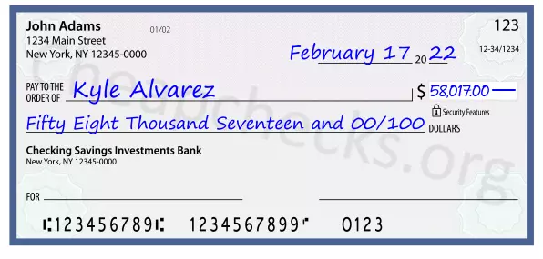 Fifty Eight Thousand Seventeen and 00/100 filled out on a check