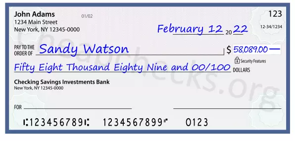 Fifty Eight Thousand Eighty Nine and 00/100 filled out on a check