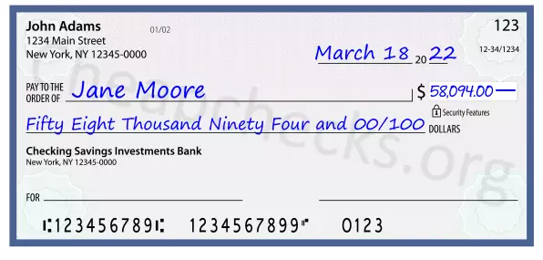 Fifty Eight Thousand Ninety Four and 00/100 filled out on a check