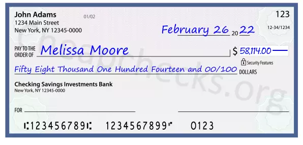 Fifty Eight Thousand One Hundred Fourteen and 00/100 filled out on a check