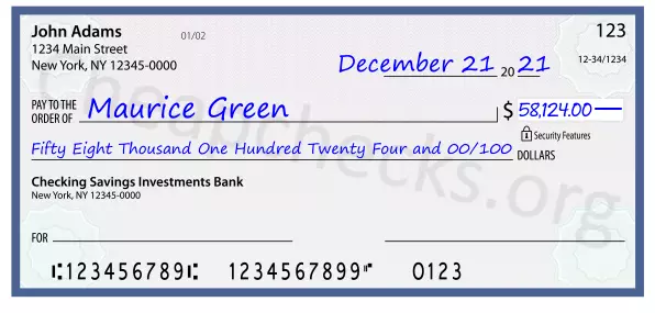 Fifty Eight Thousand One Hundred Twenty Four and 00/100 filled out on a check