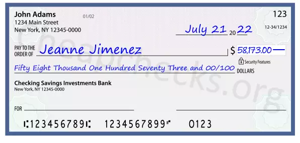 Fifty Eight Thousand One Hundred Seventy Three and 00/100 filled out on a check