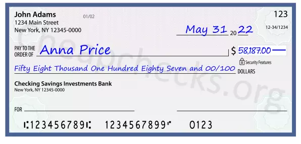 Fifty Eight Thousand One Hundred Eighty Seven and 00/100 filled out on a check