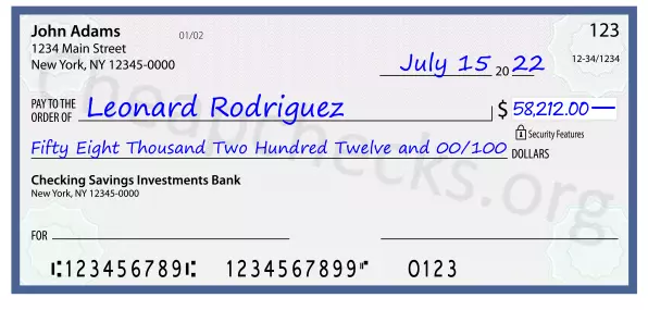 Fifty Eight Thousand Two Hundred Twelve and 00/100 filled out on a check