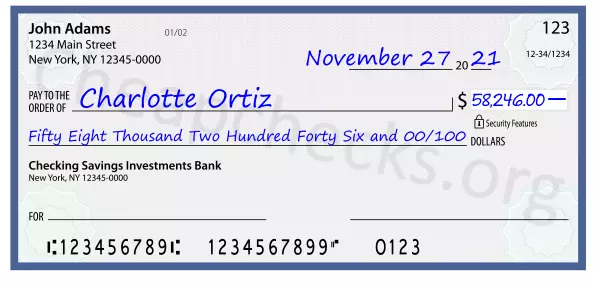 Fifty Eight Thousand Two Hundred Forty Six and 00/100 filled out on a check