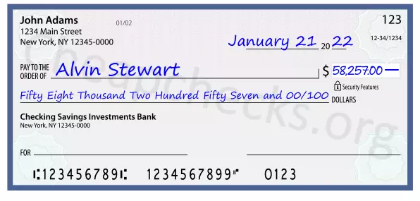 Fifty Eight Thousand Two Hundred Fifty Seven and 00/100 filled out on a check