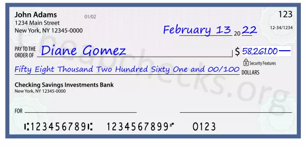 Fifty Eight Thousand Two Hundred Sixty One and 00/100 filled out on a check