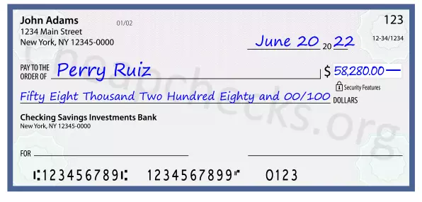 Fifty Eight Thousand Two Hundred Eighty and 00/100 filled out on a check