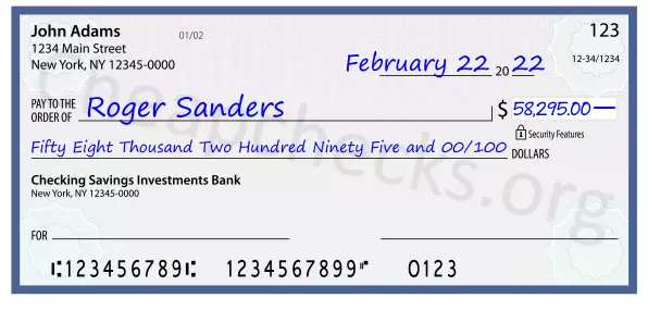 Fifty Eight Thousand Two Hundred Ninety Five and 00/100 filled out on a check