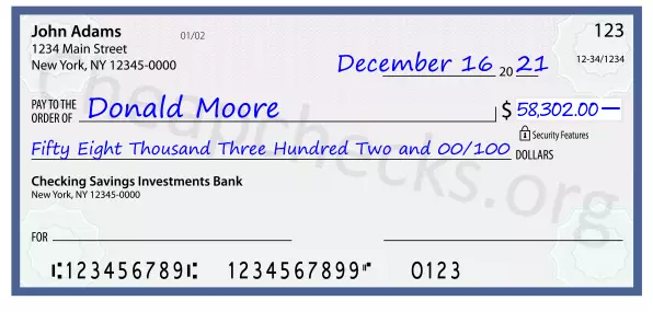 Fifty Eight Thousand Three Hundred Two and 00/100 filled out on a check