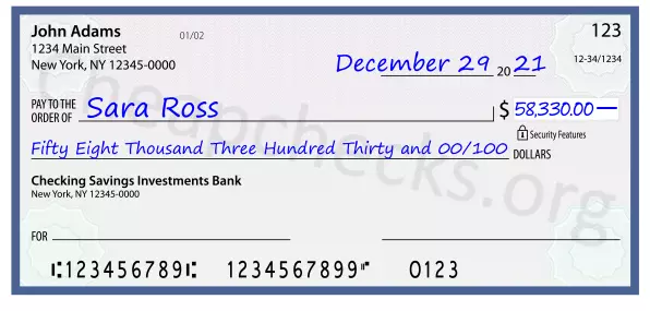 Fifty Eight Thousand Three Hundred Thirty and 00/100 filled out on a check