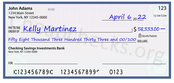 Fifty Eight Thousand Three Hundred Thirty Three and 00/100 filled out on a check