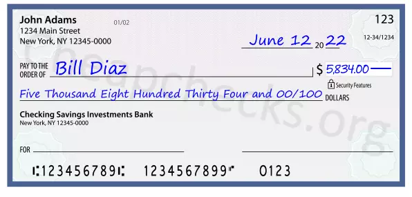 Five Thousand Eight Hundred Thirty Four and 00/100 filled out on a check