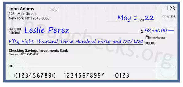 Fifty Eight Thousand Three Hundred Forty and 00/100 filled out on a check