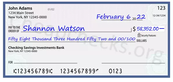 Fifty Eight Thousand Three Hundred Fifty Two and 00/100 filled out on a check