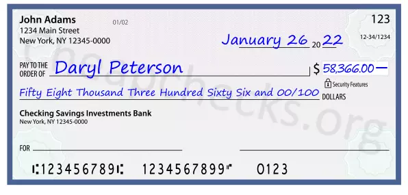 Fifty Eight Thousand Three Hundred Sixty Six and 00/100 filled out on a check