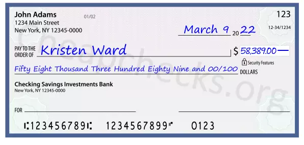 Fifty Eight Thousand Three Hundred Eighty Nine and 00/100 filled out on a check