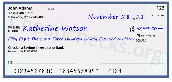 Fifty Eight Thousand Three Hundred Ninety Five and 00/100 filled out on a check