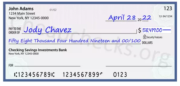 Fifty Eight Thousand Four Hundred Nineteen and 00/100 filled out on a check