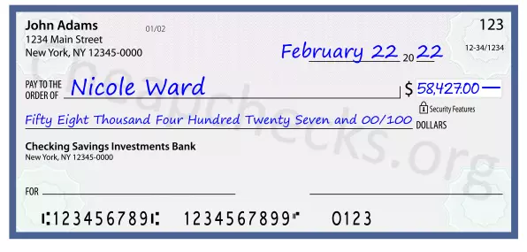 Fifty Eight Thousand Four Hundred Twenty Seven and 00/100 filled out on a check