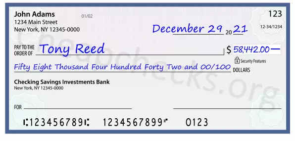 Fifty Eight Thousand Four Hundred Forty Two and 00/100 filled out on a check