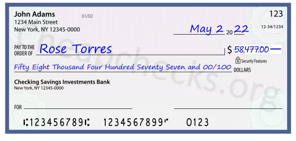 Fifty Eight Thousand Four Hundred Seventy Seven and 00/100 filled out on a check