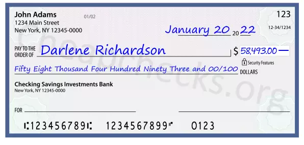 Fifty Eight Thousand Four Hundred Ninety Three and 00/100 filled out on a check