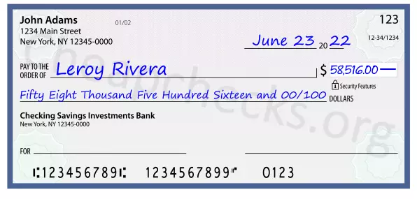 Fifty Eight Thousand Five Hundred Sixteen and 00/100 filled out on a check