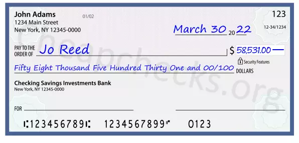 Fifty Eight Thousand Five Hundred Thirty One and 00/100 filled out on a check