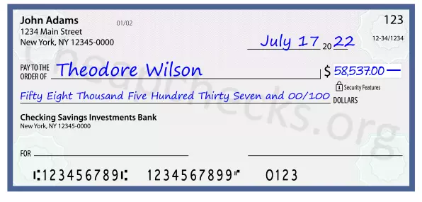 Fifty Eight Thousand Five Hundred Thirty Seven and 00/100 filled out on a check