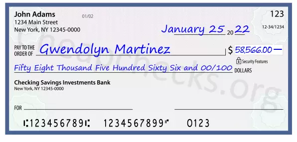 Fifty Eight Thousand Five Hundred Sixty Six and 00/100 filled out on a check