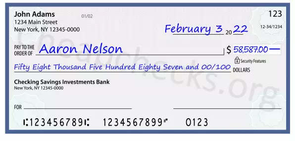 Fifty Eight Thousand Five Hundred Eighty Seven and 00/100 filled out on a check