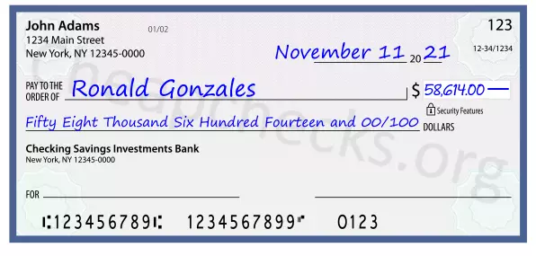 Fifty Eight Thousand Six Hundred Fourteen and 00/100 filled out on a check