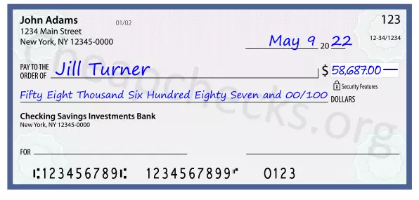 Fifty Eight Thousand Six Hundred Eighty Seven and 00/100 filled out on a check