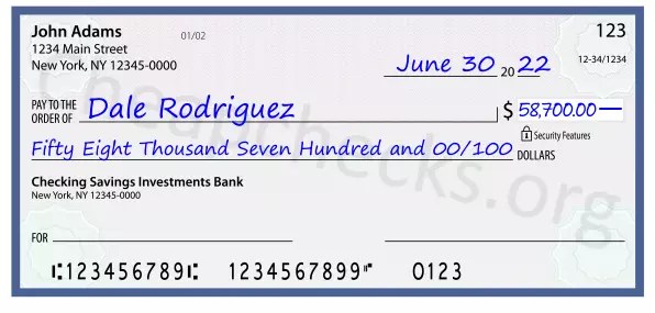 Fifty Eight Thousand Seven Hundred and 00/100 filled out on a check