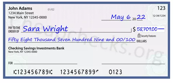 Fifty Eight Thousand Seven Hundred Nine and 00/100 filled out on a check