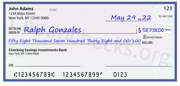 Fifty Eight Thousand Seven Hundred Thirty Eight and 00/100 filled out on a check