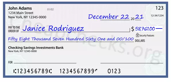 Fifty Eight Thousand Seven Hundred Sixty One and 00/100 filled out on a check