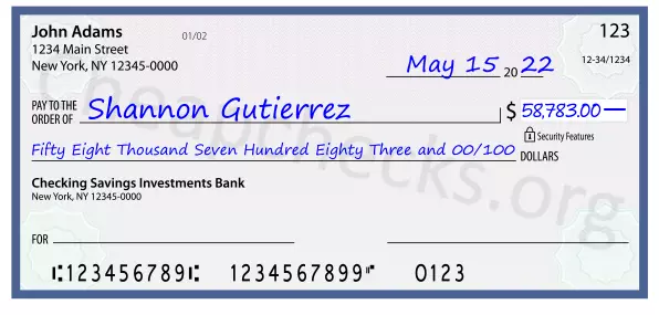 Fifty Eight Thousand Seven Hundred Eighty Three and 00/100 filled out on a check