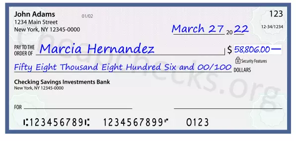 Fifty Eight Thousand Eight Hundred Six and 00/100 filled out on a check