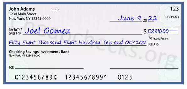 Fifty Eight Thousand Eight Hundred Ten and 00/100 filled out on a check