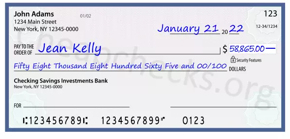 Fifty Eight Thousand Eight Hundred Sixty Five and 00/100 filled out on a check