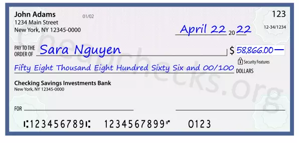 Fifty Eight Thousand Eight Hundred Sixty Six and 00/100 filled out on a check