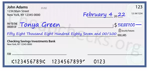 Fifty Eight Thousand Eight Hundred Eighty Seven and 00/100 filled out on a check