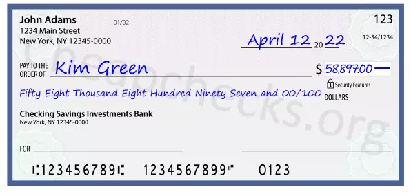 Fifty Eight Thousand Eight Hundred Ninety Seven and 00/100 filled out on a check